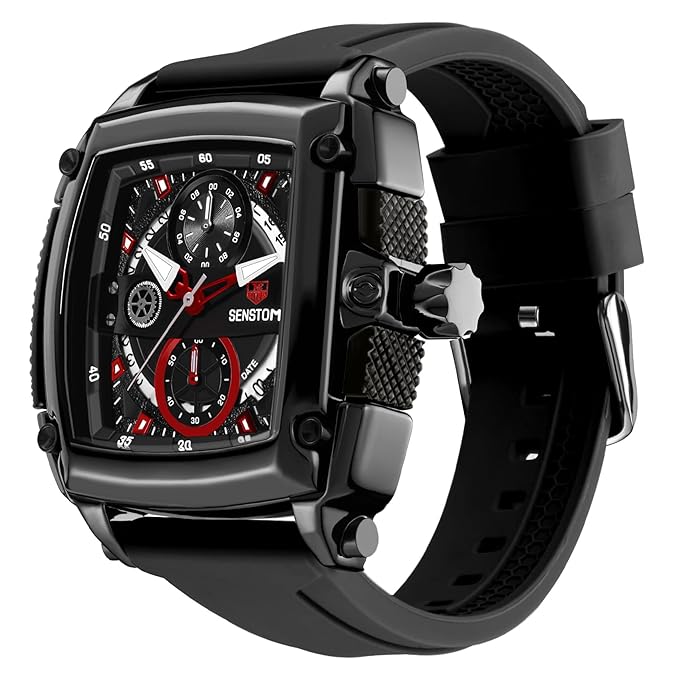 senstone Men's Watch Waterproof Sports Multifunction Chronograph Quartz Analog Wristwatch for Men Black Rubber Band Silicone Strap Watches Accessories Watches