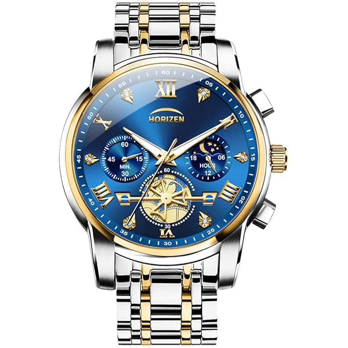 HORIZEN Stainless Steel Chronograph Luxury Analogue Watch for Men (Blue Dial) Accessories Watches