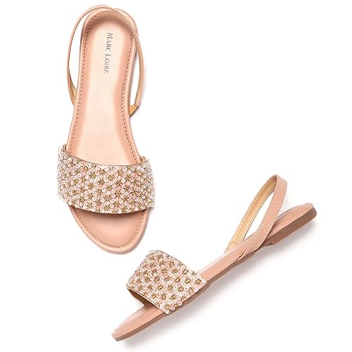 Marc Loire Women's Pair of Embellished Nude Indo- Western Flat Fashion Sandals, Party and Formal Occasions. Footwear Sandals