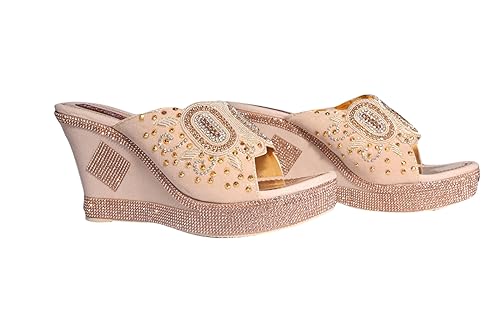 Women’s Embroidered Wedge Heels – Slip-On Sandals with Stone Work & Comfortable Platform Sole (Non-slip Sole) Footwear Sandals