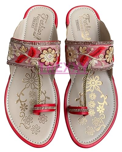 Kolhapuri Embroidered Chappal for Women | Flat Fashion Sandals | Ethnic Slippers for Girls | Toe-Ring Festive Slippers | Slip On Flats Chappal Footwear Sandals