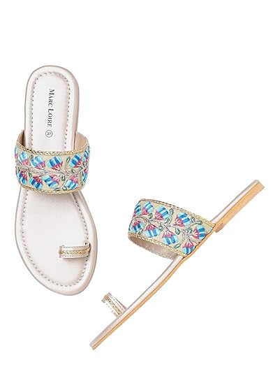 Marc Loire Women's One Toe Ethnic Slip-On Flat Chappals, Embellished & Traditional Footwear Footwear Sandals