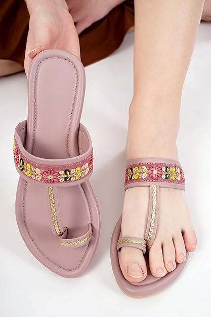Women's Floral Embroidered Kolhapuri Toe Ring Sandals with Elegant Gold Braid, Traditional Ethnic Style Footwear Sandals