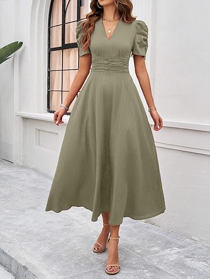 Shasmi Girl's & Women's Solid Color V-Neck A-Line Maxi Dress for Women | New Year Party Outfit | Waist Cinched Puff Sleeve Western Dress | Elegant Casual Wear (Dress 246) Clothing Dresses