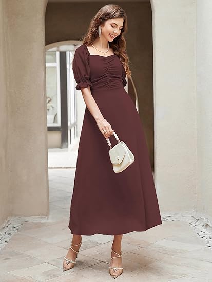 Shasmi Girl's & Women's Solid A-Line Ruched Puff Sleeve Maxi Long Evening One Piece Long Dress for Women Stylish (Dress 131)