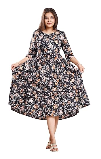 Stylish Red Printed Anarkali Kurti Cotton Midi Dress for Women- Flared Western Dress -S-3XL Clothing Dresses