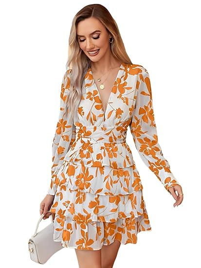 Leriya Fashion Women’s V-Neck Floral Print Ruffle Long Sleeve A-Line Mini Dress | Elegant Casual Party Outfit | Lightweight Layered Summer Wear Clothing Dresses
