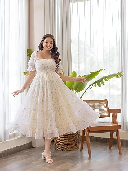 KZULLY | Dress for Women | Midi Length | Flared Hem | Puff Sleeve | Square Neck | Smocked Bodice Clothing Dresses