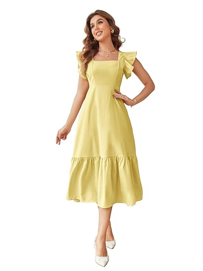 Shasmi Girl's & Women's Solid Color Square Neck, Ruffle-Trimmed Hem Sleeveless, Ruffle Armhole and Casual Dress with Cinched Waist Vacation Outfits Woman (Dress 162) Clothing Dresses