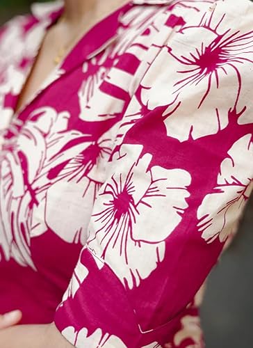Women's Floral Print Rayon Midi Dress, Burgundy with White Monstera Pattern, V-Neck, Casual to Semi-Formal Wear Clothing Dresses