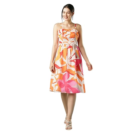 Globus Women Floral Print Square Neck Shoulder Straps Bow Design Panelled Fit & Flare Midi Dress