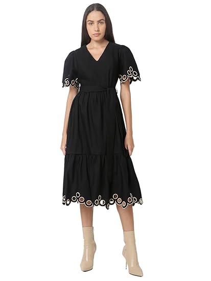 VERO MODA Women Flutter Sleeve Embroidered Fit & Flare Midi Dress with Waist Belt Clothing Dresses