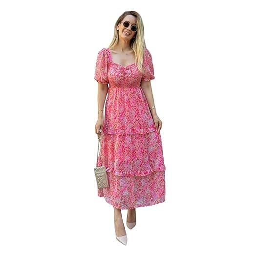 Sheetal Associates Women's Floral Puff Sleeve High Waist A Line Flowy Long Dress Clothing Dresses