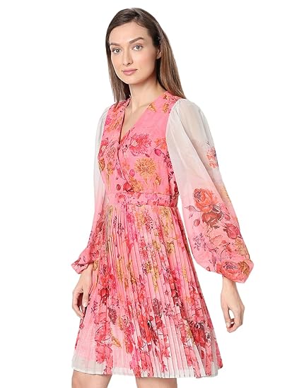 VERO MODA Women Knee-Length Floral Print Accordion Pleats Bishop Sleeves Fit & Flare Dress Clothing Dresses