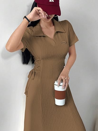 Shasmi Women’s Solid Color Applique Lace-Up Collared Short Sleeve, Side-Tie Waist Long Casual Maxi Women Dress Outfit Long Evening Midi Western Party Dress for Women (Dress 211) Clothing Dresses