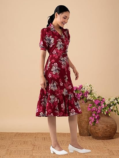 KUDUZO Floral Print Midi Dress, V-Neck, Puff Sleeves, Black with Pink and Grey Flowers, Ruffle Hem Clothing Dresses