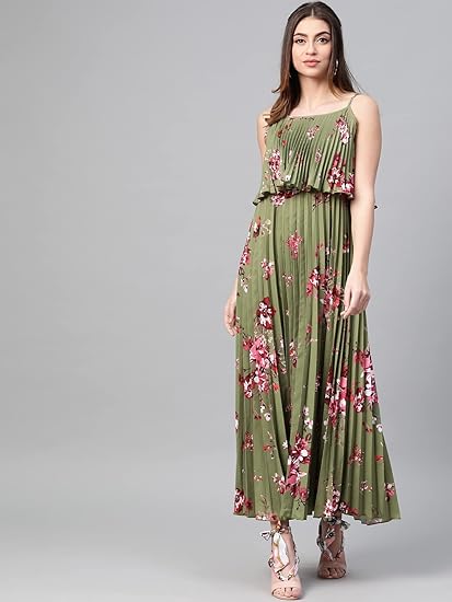 Sassafras Women Floral Strappy Pleated Maxi Dress Clothing Dresses