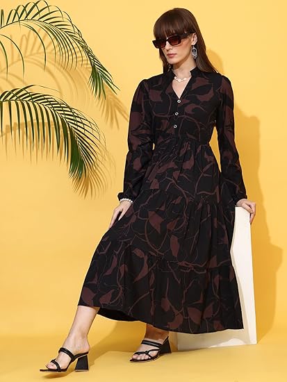 Sheetal Associates Women's Casual Full Sleeve Crepe Fit & Flare Dress | Comfortable Relaxed Fit Summer Party Dress Clothing Dresses