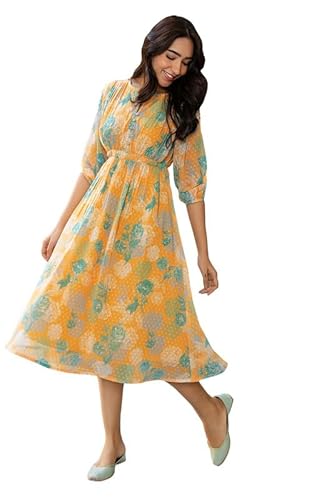 Janasya Women's Fit and Flare Midi Dobby Georgette Floral Printed Flared Dress