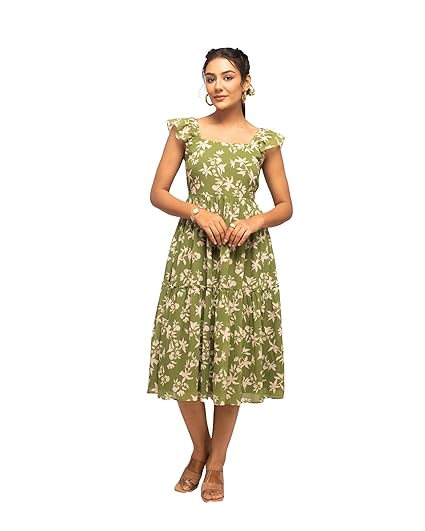 FIORRA Women's Fit And Flare Knee Length Georgette Floral Printed Below The Knee Dress Clothing Dresses