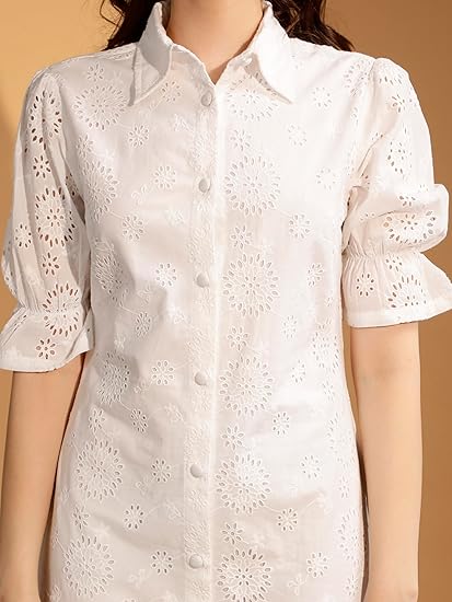 NUEVOSDAMAS Pure Cotton Self Design Schiffli Embroidered Shirt Dress - Blue Clothing Dresses