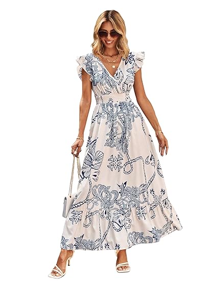 Shasmi Women's & Girl's Boho Hot Pink V-Neck Printed Dress with Ruffled Hem and Belted Waist for Vacation, One Piece Maxi for Women's Casual Dresses (140 Dress) Clothing Dresses