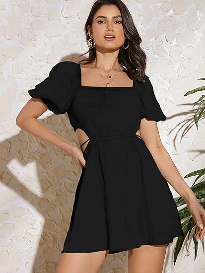 Aahwan Women's & Girl's Fit And Flare Solid Summer Beach Square Neck Puff Sleeve Cut Out Waist Mini Dress Clothing Dresses