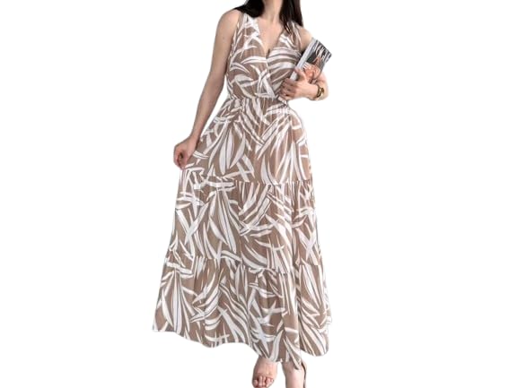Pimu Women's Elastic Waist V-Neck Summer Dress - Perfect for Beach Clothing Dresses