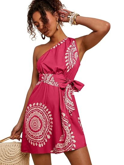 KATECLO Women’s One-Shoulder Boho Print Mini Dress – Summer Sleeveless A-Line Sundress with Waist Tie, Casual Vacation Beach Party Outfit