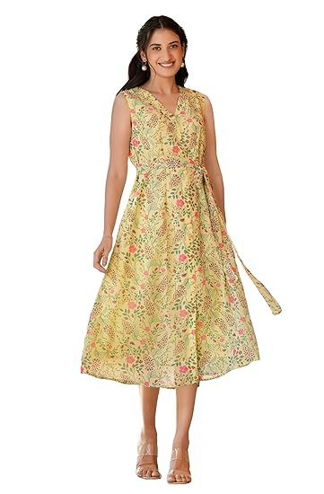 Janasya Women's Green Georgette Floral Printed A-line Dress