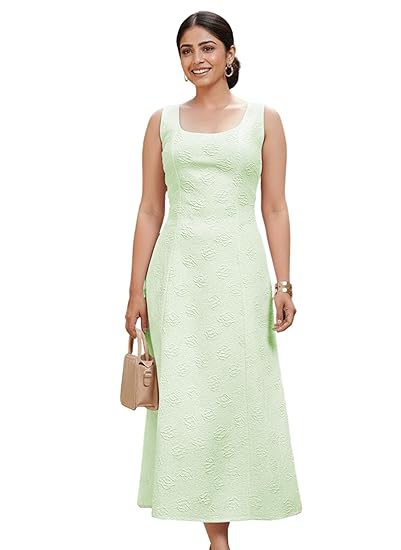 Leriya Fashion Women’s Jacquard Sleeveless Maxi Dress | Round Neck A-Line Long Dress for Party, Brunch & Casual Wear Clothing Dresses