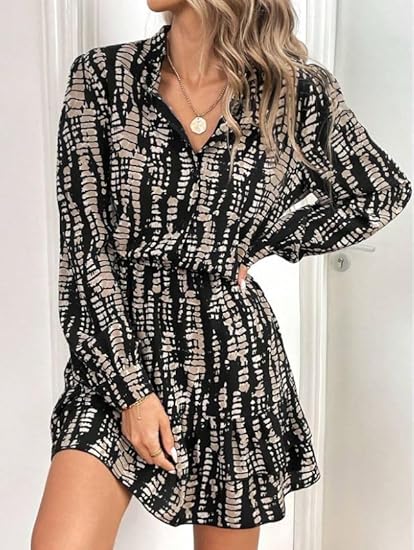 Leriya Fashion Women's Western Shirt Dress | Long Sleeve Printed Mini Dress with Elastic Waist | Casual Button Down Short Dresses Clothing Dresses