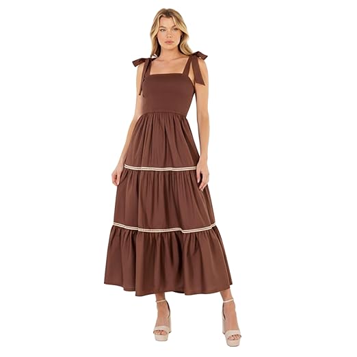 CS Women's Crepe Fabric Long Maxi Gown Dress, Stylish Shoulder Ribbon Tie-Up Strap, Casual Sleeveless Square Neck One Piece Summer, Party Dresses Clothing Dresses