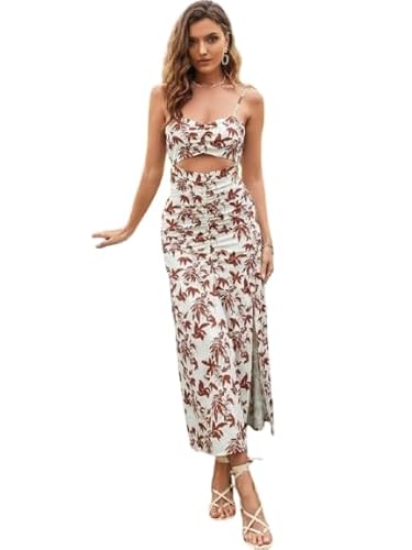 HKV Women's Floral Print One-Piece Dress, Green Palm Leaf Pattern, Cutout Maxi with Side Slit Clothing Dresses