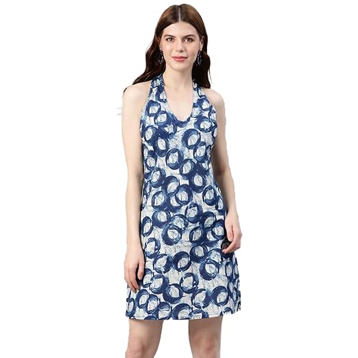 Yash Gallery Women's Cotton Geometric A-Line Knee-Length Dress for Women Clothing Dresses