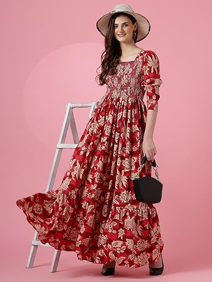 Sheetal Associates Crepe Women's Mix Floral Printed Grown with Regular Sleeves Full Lenth and Square Neck | Beach Tipe Dress Clothing Dresses