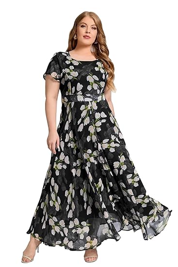 Shasmi Women's Navy Blue Georgette Digital Floral Printed Floral Printing Short Sleeve A-Line Maxi Gown Dress for Women (Gown Dress 248) Clothing Dresses