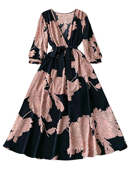 Sheetal Associates Women's Elegant Floral Wrap Maxi Dress with Belt | Comfortable Relaxed Fit Summer Dress Clothing Dresses