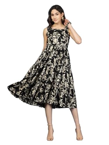 Daevish New Rayon Floral Printed Flared Midi Dress for Women | Women Calf Length Dress Clothing Dresses