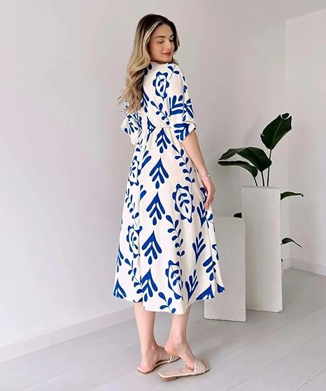 Women's White Blue Rayon Printed Dress | Flared Midi Dress for Summer Casual Clothing Dresses