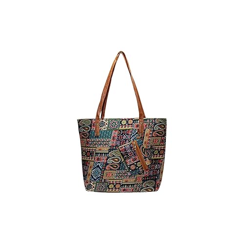 Women’s Stylish Tote Bag with Embroidery Print, Leather Handles & Multiple Zip Pockets | Big Size Handbag for Women | Office, College & Travel Tote Bag (32x30x8 cm) Accessories Bags