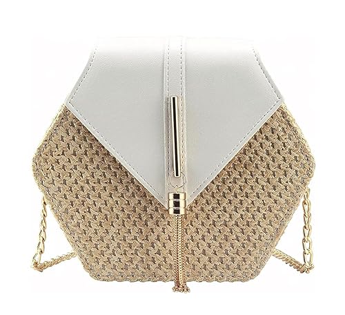INOVERA (LABEL) Inovera Crossbody Straw Bags Hexagon Shape Shoulder Sling Bag Handbags Summer Beach Vacation Clutch With Tassel For Women Girl's (White) Accessories Bags