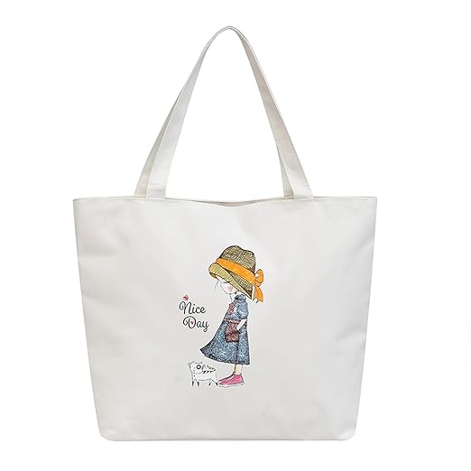 wolpin Classic Tote Bags For Women Girls Canvas Handbag Zipper Large Capacity Fashion Bag For College Office - Nice Day Girl Print, White Accessories Bags