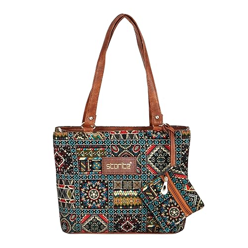 Storite Women's Tote Bag With Leather Handles & Embroidery Printed Handbag With Zip Pockets, Shoulder Tote Bag And Handbag For Office And College (27x24x9.5Cm) Accessories Bags