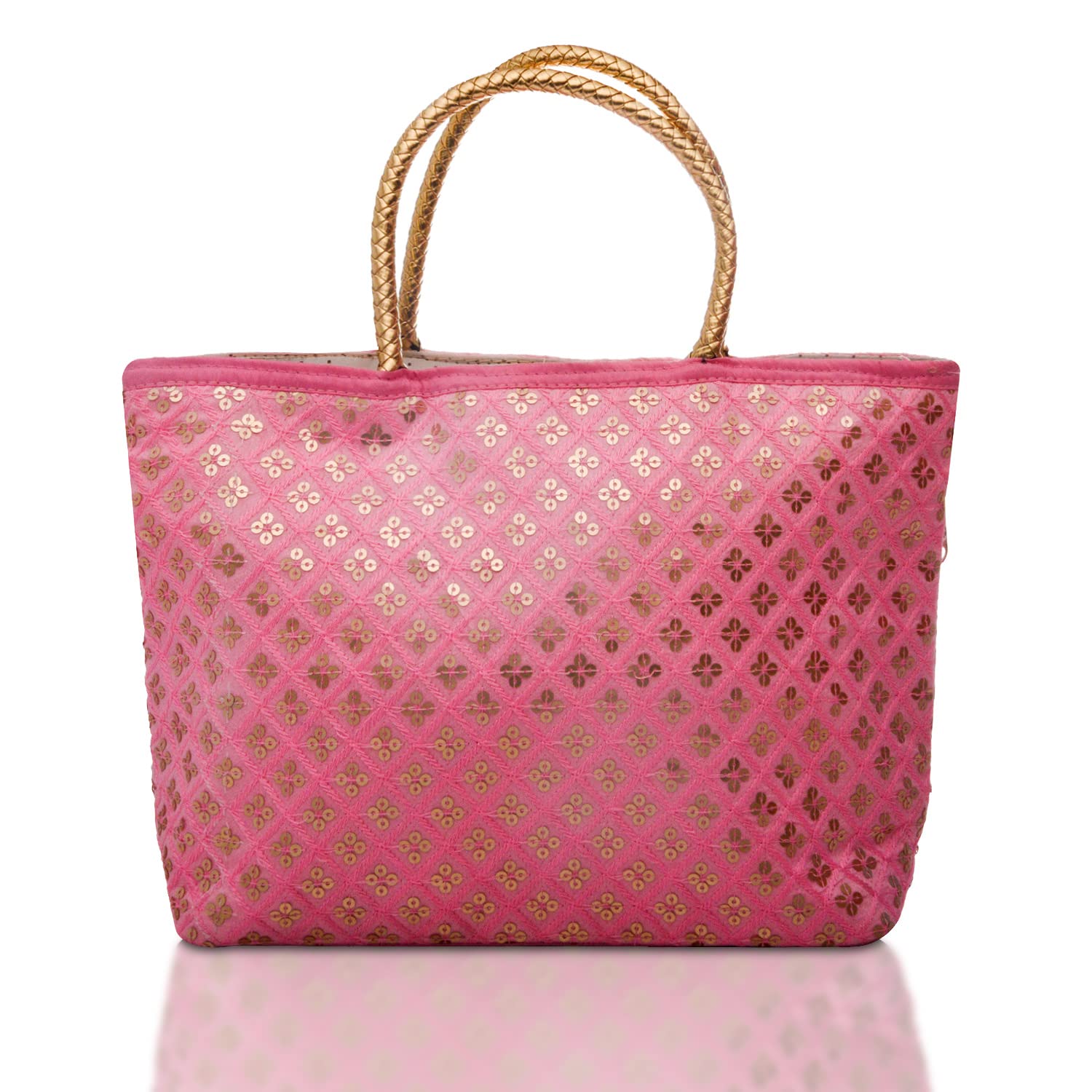 Kuber Industries Hand Bag|Sequins Silk Embroidery Purse|Traditional Indian Handmade Shoulder Bag with Golden Handle (Pink) Accessories Bags
