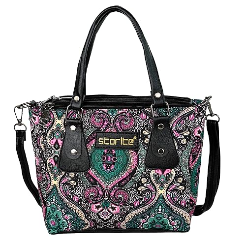 Storite Women's Handbag – Stylish Printed Fabric Shoulder Tote Bag with Zipper – Black, Pink & Teal(Multicolor) Accessories Bags