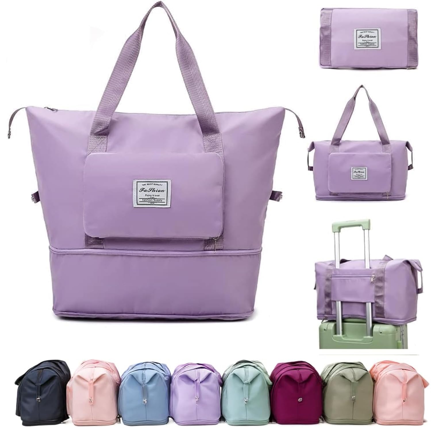 Wazdorf Nylon 41 Liter Expandable Travel Bags for Women, Duffle Bags for Women Luggage, Foldable Vanity Traveling Bag, Waterproof Hand Bag for Ladies Personal Items,Purple Accessories Bags