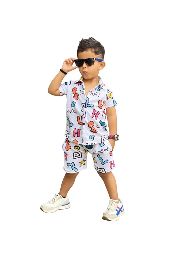 Tini Mini Kids ABCD Print Cotton Lycra Collar Shirt & Shorts Set | 1-8 Years | Half Sleeve Summer Outfit – 4 Color Options