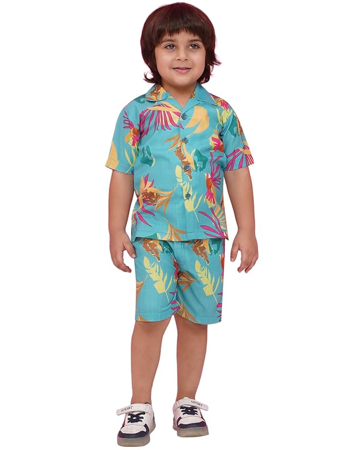 AJ DEZINES Kids Pure Cotton Half Sleeve Shirt and Shorts Co-ords Set for Boys - Casual Outfit | Vacation & Beach Wear |Floral Printed Design for boys - Regular Fit Clothing Shirts