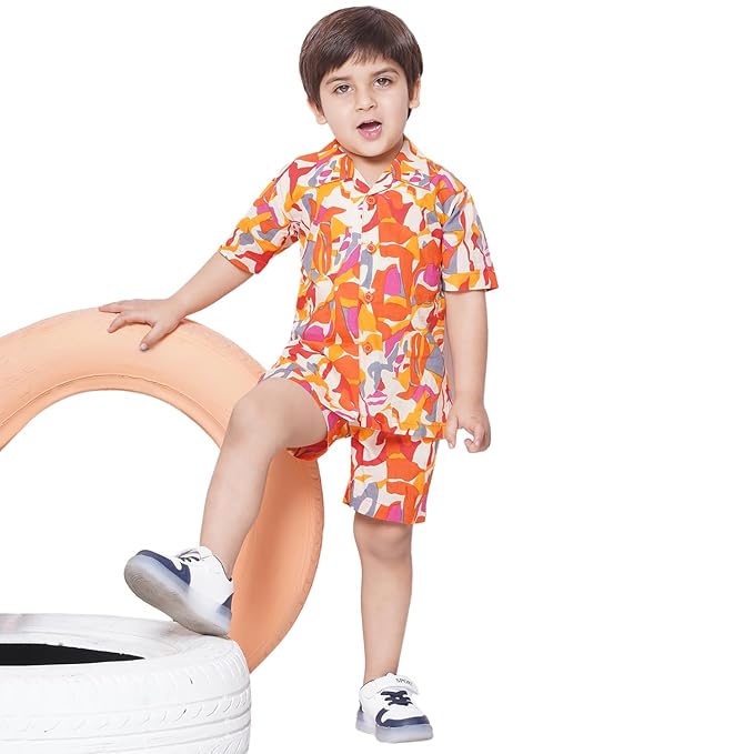 Kids Cotton Shirt Shorts Half Sleeves and Abstract Printed CO-ORDS Set For Boys